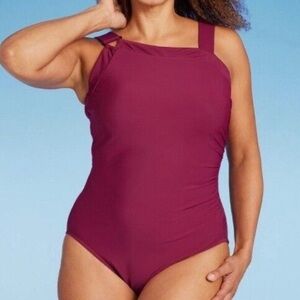 Aqua Green Burgundy Red Keyhole Shoulder One Piece Swimsuit Small NEW